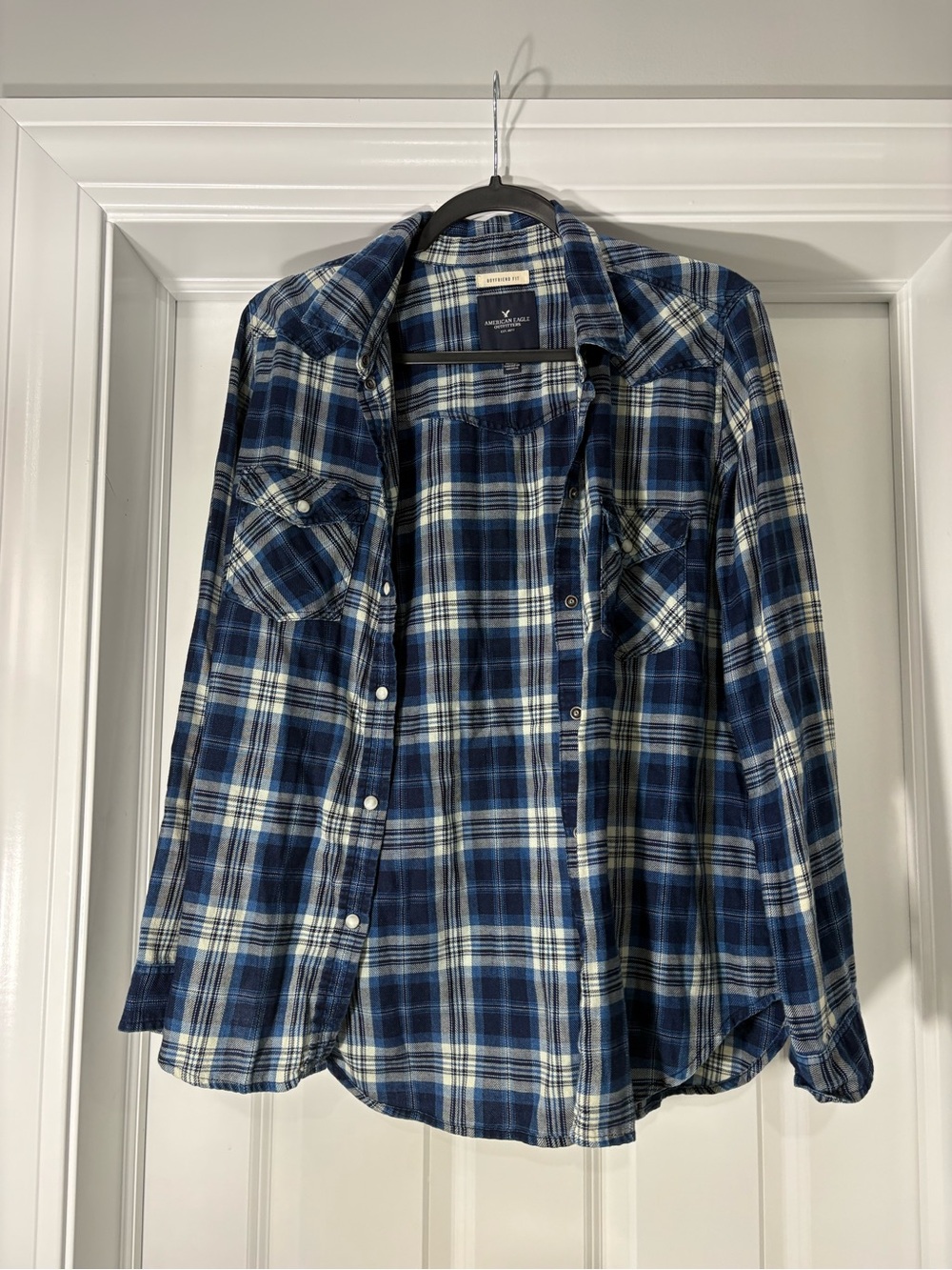 American Eagle Blue Plaid Boyfriend Fit Flannel Shirt